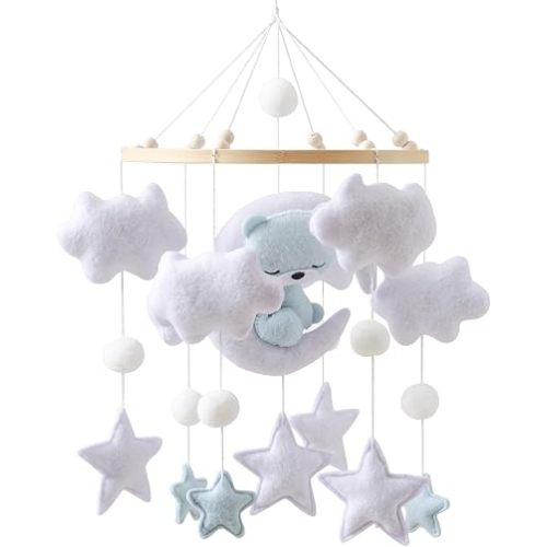 Boho Baby Crib Mobile - Felt Stars & Clouds Nursery Ceiling Decor - Sleepy Bear Hanging Toy for Bassinet - Soft Bell Sounds, Nursery Ornament Gift