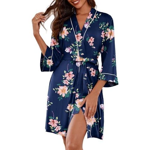 Ekouaer Women Kimono Robes Knee Length Knit Bathrobe Lightweight Soft Sleepwear V-neck Casual Ladies Loungewear