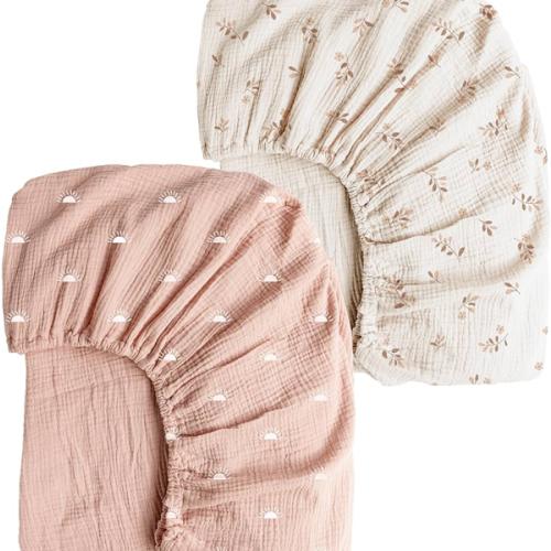 Konssy Muslin Crib Sheet, 2 PCS Soft (Pink Sun,Khaki Leaf)