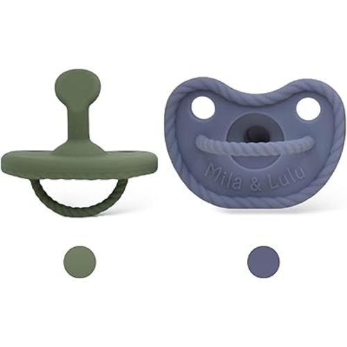 Orthodontic Shape Silicone Pacifiers (Set of 2); 0 Months and up; 100% Food Grade Silicone, One Piece Design (Olive/Ocean) - Mila & Lulu