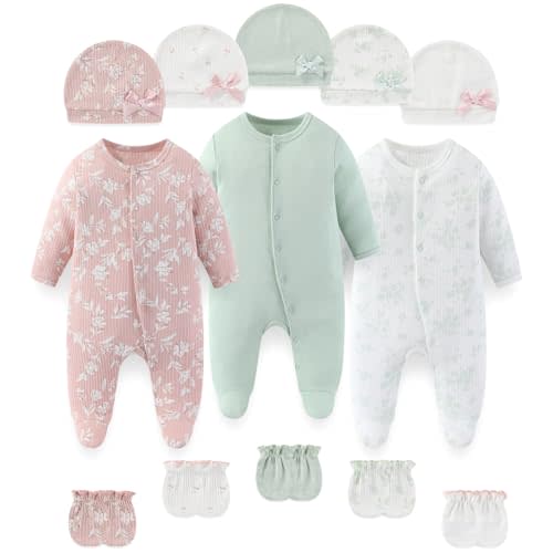 falianni Fashion Baby Boy Girl Clothing Set Cotton Soft 3-Piece Long Sleeve Button Rompers 5-Pack Hats&Gloves Infant Clothes