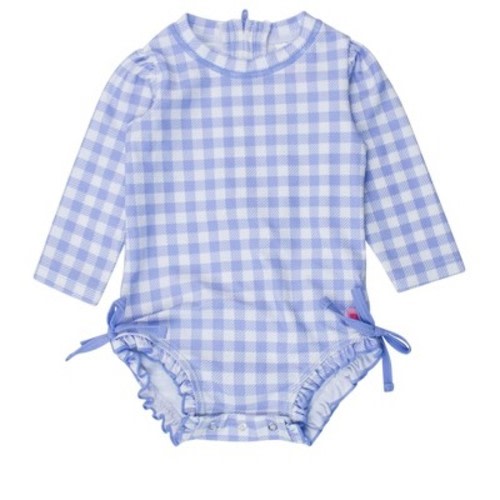 RuffleButts Baby Girls UPF50+ Sun Protected Gingham Long Sleeve One Piece Rash Guard - Periwinkle Blue Gingham, 6-12m