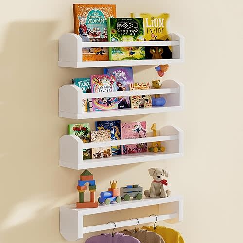 Nursery Book Shelves, 4 Pcs White Floating Shelves for Wall, 16.5 inch Solid Wood Scalloped Shelves, Wall Mounted Bookshelf for Toddler Room, Baby Room, Nursery Decor