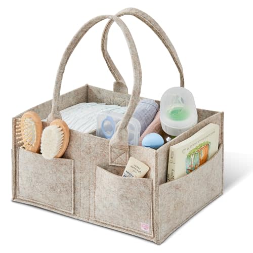 Upgraded Baby Diaper Caddy Organizer, Portable Nursery Storage Bin with Handle, Side Pockets Car Organizer for Diapers and Baby Wipes Essentials, Registry Gift Baskets (Small-Oatmeal)