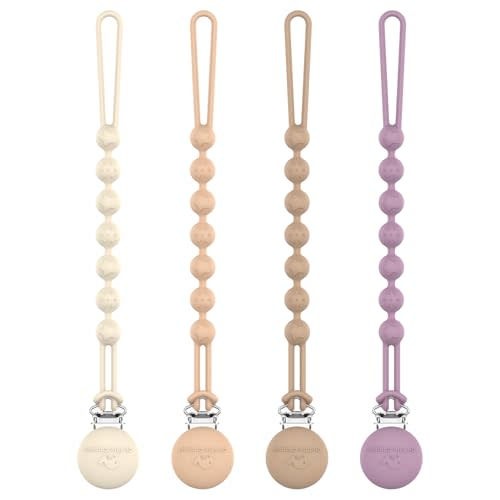 Cuddle Campus Silicone Pacifier Clip Holder with One Piece Design, Pack of 4 Soft Flexible Binky Clips with Texture for Baby Boy and Girl (0-6M) Set 3
