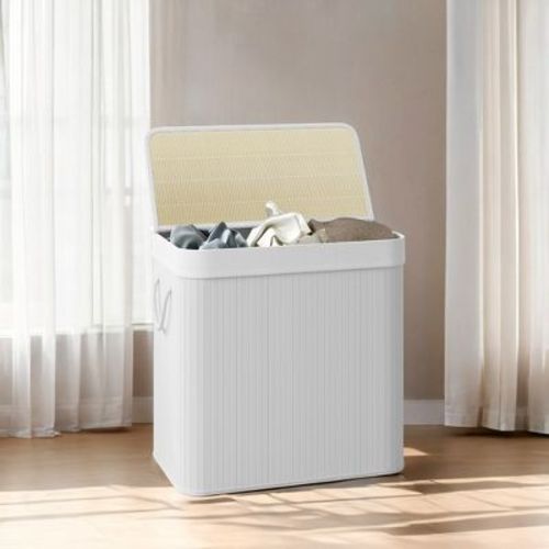 LEDREM 39.6 Gallons Laundry Hamper, 3-Section Laundry Basket, with Lid, Bamboo, Foldable, Removable and Machine Washable Liner Laundry Storage Sorter