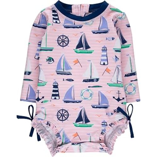 RuffleButts Baby Girls UPF 50+ Sun Protection Floral Printed Long Sleeve One Piece Rash Guard Swimsuit with Zipper