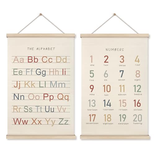 HRQKO Alphabet Numbers Poster Hanger Frame Set of 2, Nursery Wall Decor, Boho ABC Poster Wall Art with Wooden Frames, Alphabet Banner Wall Hanging Decor for Toddler Playroom Nursery, 16x24 Inch