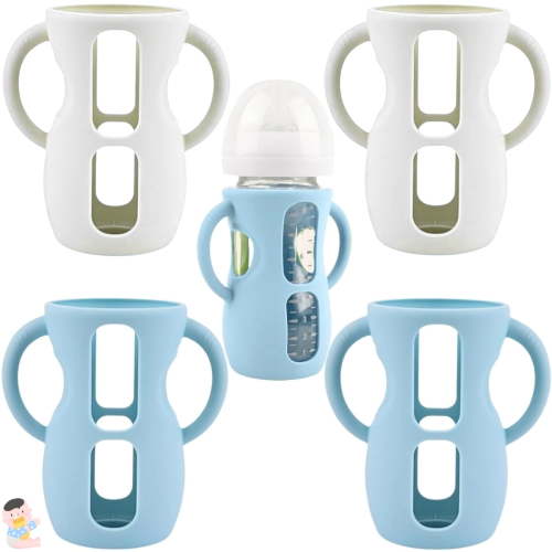 4 Pack Silicone Sleeves for Avent Natural Glass Baby Bottles, Silicone and Easy-Grip Handles for Drop Protection, Compatible with Philips Avent 4/8 OZ Glass Bottle (2 White+2 Blue, 8 OZ)