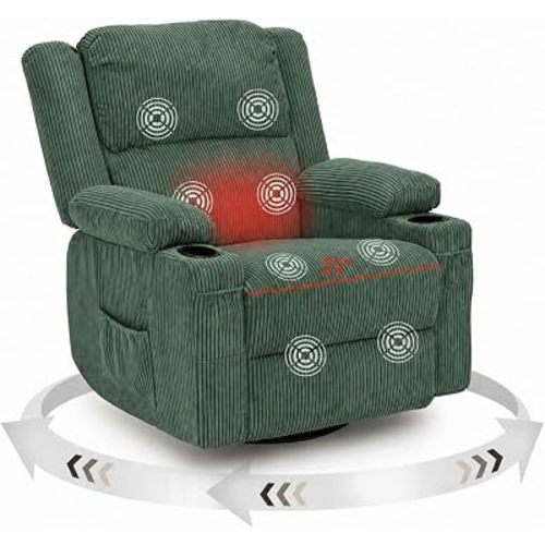 Manual 360° Swivel Rocker Recliner, Nursery Glider Heat Vibration,Green