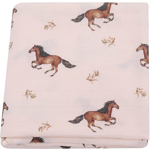 LifeTree Baby Swaddle Blankets, Muslin Swaddle Blankets Boys Girls Swaddling Wrap Receiving Blanket for Newborn, 70% Viscose Bamboo and 30% Cotton, Large 47" x 47", Horse Pattern