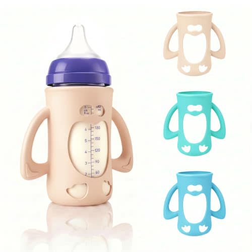 3-Pack Silicone Sleeves for New Lansinoh Glass Bottles 8 oz | BPA-Free Drop-Resistant Baby Bottle Sleeves with Handles, Compatible with Lansinoh Anti-Colic Glass Baby Bottles