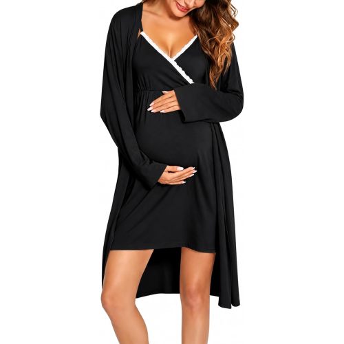 SWOMOG Womens Maternity Robe 2 Piece Nursing Nightgown for Breastfeeding 3 in 1 Labor Delivery Nursing Dress Lace Bathrobe