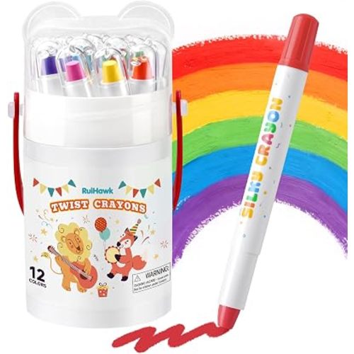 Silky Crayons, 12 Colors Baby Crayons for Toddlers 1-3 and Kids 4-8, Twist Easy-Grip with 150 PDF Pages & Brush– Washable Art Supplies, Ideal Coloring Gift Kit for Boys & Girls