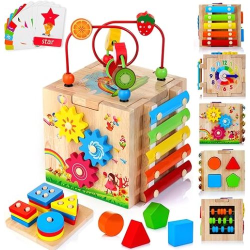 HELLOWOOD Wooden Activity Cube, 8-in-1 Montessori Baby Toys for 1+ Year Old Boys & Girls, Educational Learning Toys for Toddlers Age 1-2, 1st Birthday Gift | Bonus Sorting & Stacking Board