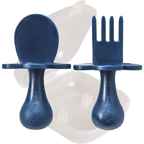 Grabease Baby Feeding Utensils Set - Infant and Baby Fork and Spoon for Ages 1-11 Months, BPAs and Phthalate-Free Cutlery, Plastic, 1 Set, Navy
