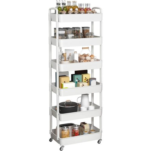 Sywhitta 6-Tier Plastic Rolling Utility Cart with Handle, Multi-Functional Storage Trolley for Office, Living Room, Kitchen, Movable Storage Organizer with Wheels, White