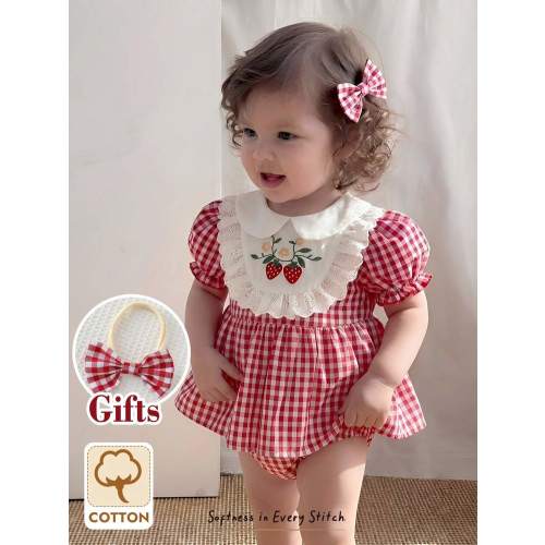 Cozy Pixies Newborn Baby Girl Summer Cute Red & White Plaid Strawberry Pattern Peter Pan Collar Romper With Headband | SHEIN USA