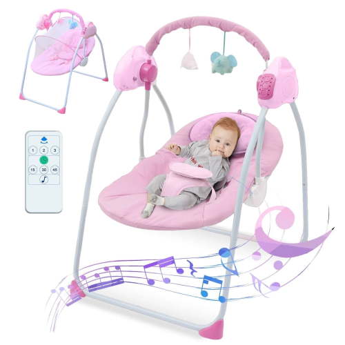 ManyFun Portable Compact Baby Swing With Music,with 4 Speeds &Remote ,Baby Swing for Newborns,Khaki Pink