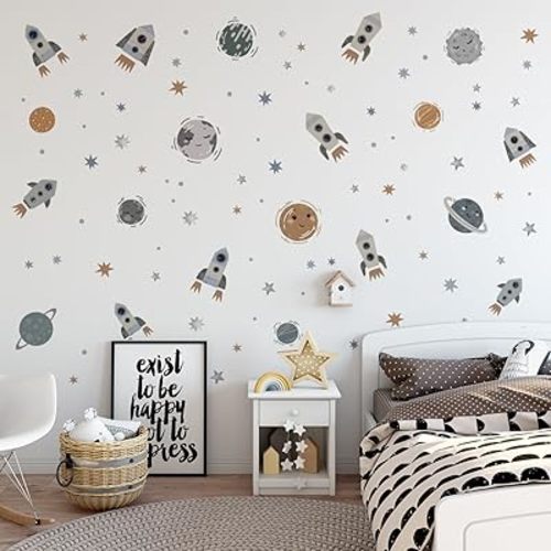 Space-Themed Wall Decals - Rocket, Planet & Astronaut Peel-and-Stick Decor - Large Vinyl Stickers for Boys' Rooms, Bedrooms, and Playrooms Wall Art - PVC Material