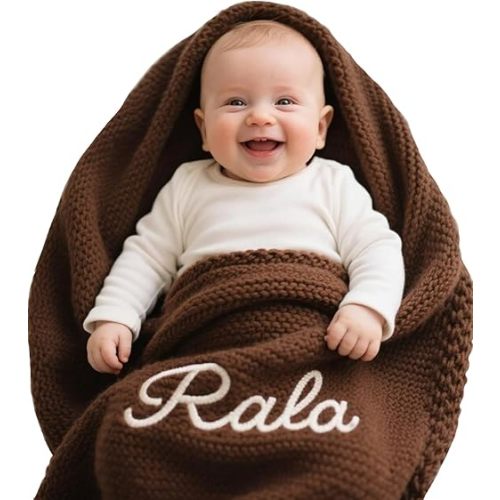 Personalized Embroidered Baby Blanket for Boys/Girls, Cotton Chunky Knit Customized Swaddle with Name, 40 * 30 inches, Handmade Receiving Nursery Blankets, Newborn, Birthday