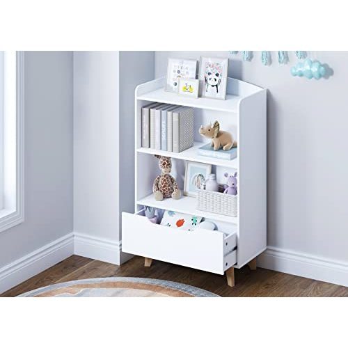 UTEX Kids Bookshelf, Children Bookcases with Storage and Drawer, Wood Kids Toy Storage Organizer for Playroom, Nursery School, White
