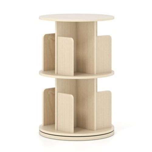 Costway 1/2 PCS 2-Tier Rotating Bookshelf 360° Display Rack with Dividers & Anti-falling Baffles NaturalWhite