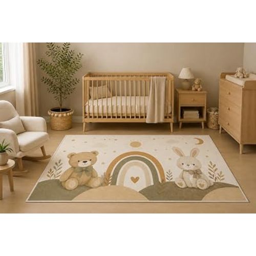 ICE ARMOR 5' x 7' Boho Rainbow Teddy Bear Bunny Nursery Area Rug, Neutral Woodland Baby Room Bedroom Decor, Non-Slip Silicone Backing Low Pile Carpet
