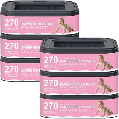 Standard Square Refills Disposal Bags Refill Compatible with Genie Diaper Compact, Select Pails (Not Fit Classic Version Pails), Hold Up to 270 Newborn-Sized Diapers Per Refill,6 Pack