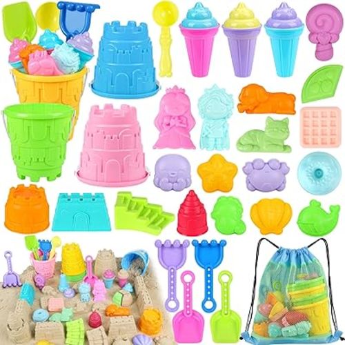 Beach Toys for Kids Toddlers, Sand Castle Toys with 4 Beach Bucket and Shovels, Ice Cream Travel Sand Toys for Sandbox & Mesh Bag, Essentials Toy for Toddlers Kids Baby Boys Girls Age 3-10