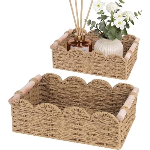 iEGrow Paper Rope Small Storage Baskets for Organizing, Set of 2 Scalloped Edge Wicker Basket with Wooden Handles Toilet Paper Basket for Over Toilet Storage Shelf, Home Decor, Living Room (Neutral)
