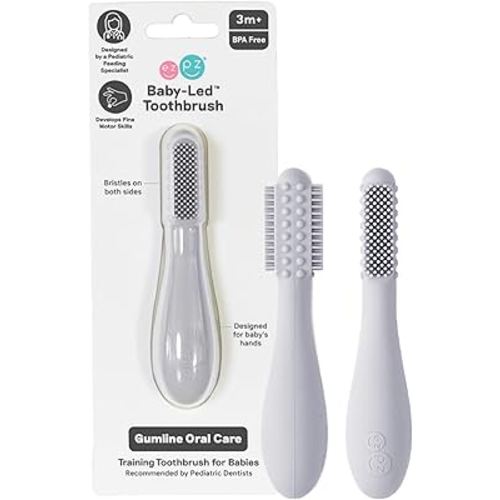 ezpz Baby-Led Toothbrush (Blush) - 3 Months + - 100% Silicone Infant Toothbrush with Sensory Bumps - Cleans Gums + New Teeth - Improves Hand-to-Mouth Coordination, Self-Feeding Skills