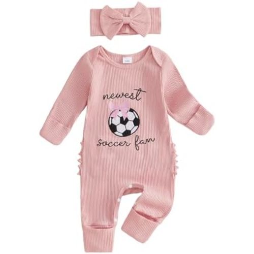 Baby Girls Fall Outfits Football/Soccer Letter Embroidery Long Sleeve Crewneck Jumpsuit and Headband Set Clothes