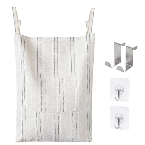 AELS Farmhouse Hanging Laundry Hamper with 2 Hooks, Boho Beige & Gray Stripes Laundry Bag with Zipper & Wide Open Top, Over the Door Organizer for Dirty Clothes, Washable Space Saving Storage