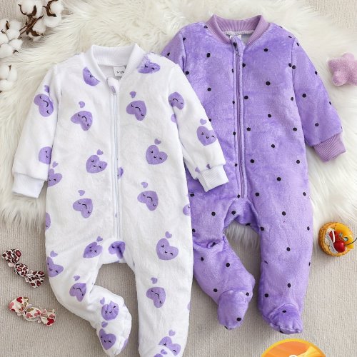 Girl's Baby Romper & Surrounded by Cuteness & Two-Tone Children's Bodysuit & Soft Plush Fabric & Purple Hearts & Adorable Polka Dot Print & Zipper Design for Easy Dressing & Soft Fabric Wrapping Your Little One & Ou