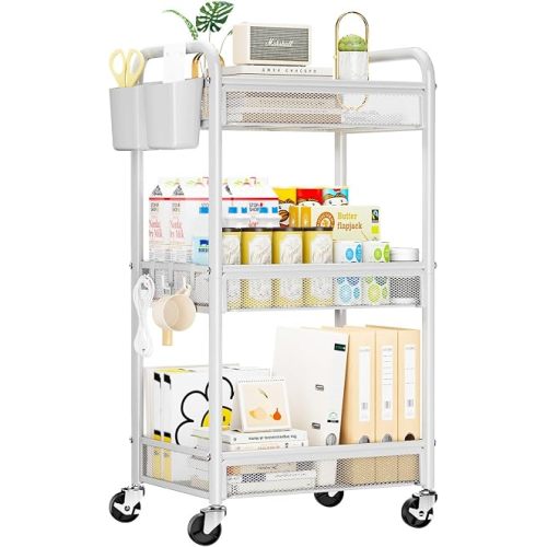 YASONIC 3 Tier Metal Rolling Cart, White Utility Storage Cart with Wheels