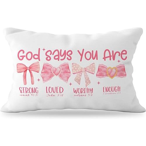 YeiHe Pink Bow Coquette Christian Pillow Covers 12x20, Pink Coquette Room Decor, Girly Bedroom Decor, God Says You are Affirmation Bible Verse Pillow Covers, Christian Gifts for Women Teen Girls