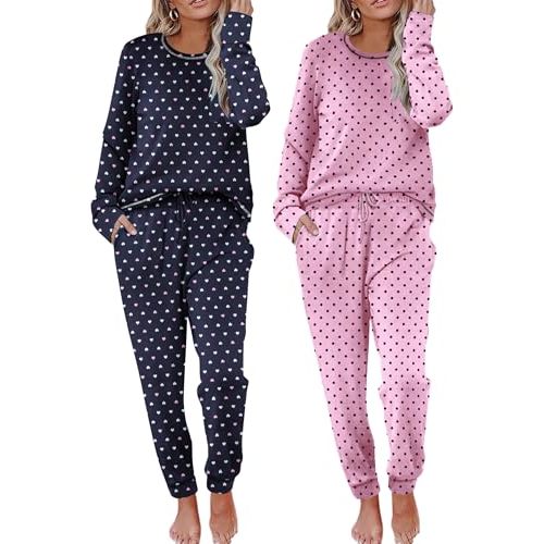 Ekouaer 2 Pack Womens Pajama Sets Long Sleeve Lounge Sets Soft Pj Sleepwear Loungewear