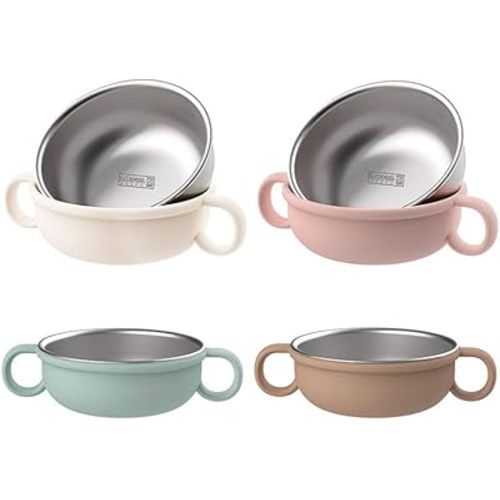 Non-Toxic Stainless Steel Toddler Bowls with Handle Non-Slip Silicone Shell, Mess Free Feeding Bowls for Babies, Children, Kids, Set of 4