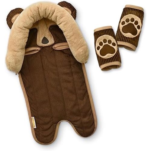 GoldBug Deluxe 2-in-1 Duo Head Support + Matching Strap Covers for Baby and Infant Car Seats - Bear