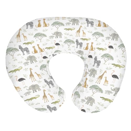 Jungle Safari Animals Baby Nursing Pillow Covers for Boy Girl Elephant Zebra Giraffe Leopard Tree Nursery Slipcover for Breastfeeding Pillows Zoo African Animal Soft Stretchy Cover for Newborn Infant