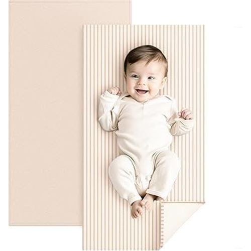 Konssy Faux Leather Baby Changing Mat, Waterproof, Wipeable & Portable Diaper Changing Pad for Travel or Home, Fits Perfectly in Diaper Bag, 30 x 17 inches (Beige,Stripes)