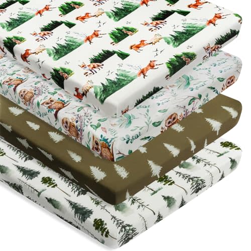 4 Pack N Play Sheets Woodland Forest Animals Wood Neutral Unisex Fitted Baby N Play Sheets Fitted for Standard Pack and Plays and Mini Cribs Set for Baby Boys or Girls (Paint Fox)
