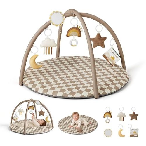 Blissful Diary Baby Play Gym Mat, Play Mat Activity Mat with 6 Detachable Toys for Stage-Based Sensory & Motor Skill Development, Easy to Install & Clean, Baby Essentials Gift, Brown Checkerboard