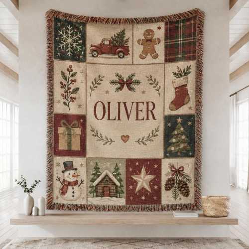 Personalized Christmas Woven Blanket, Custom Name Holiday Throw, Gingerbread Snowman Plaid Blanket, Christmas Baby Gift CRD-XH207