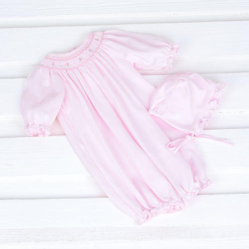 Smocked Rosebud Baby Gown and Bonnet Set