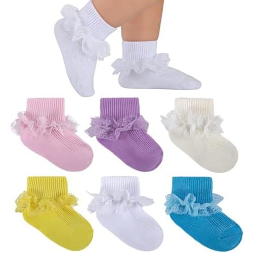 Baby Girl Ruffle Socks Double Lace Turn Cuff Cotton Fancy Ankle Frilly Dress Socks for Newborn Infant Toddler Girls