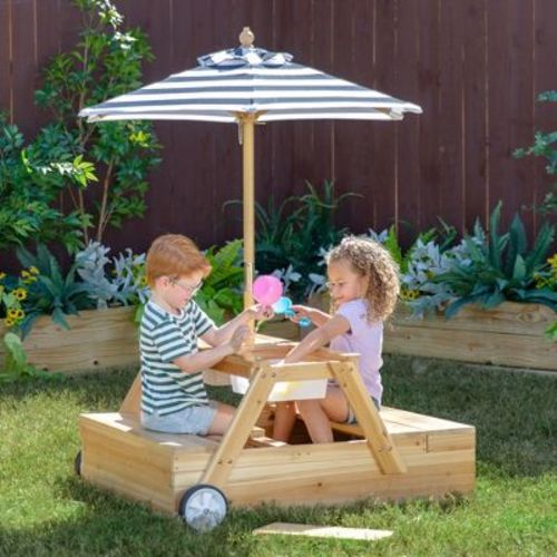Teamson Kids Outdoor Explorer 2-in-1 Wooden Sandbox + Picnic Table with Accessories