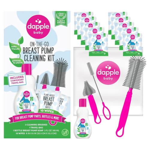 Dapple Breast Pump Cleaning Kit, 3 Baby Bottle Cleaning Brushes, Hypoallergenic & Powered by Plants, Removes Milk Residue, Leaves No Taste, 3oz Soap, 10ct Wipes 3 Cleaning Brushes