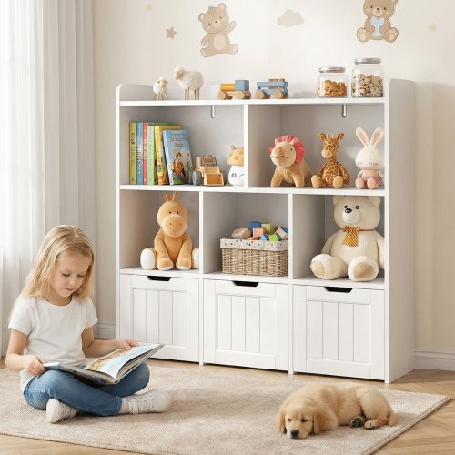 Kids Toy Storage Cabinet with 3 Movable Drawers and Bookshef, Noelse Nursery Playroom Storage Furniture Toy Box with bookshelf for Kids Room Organizer, White